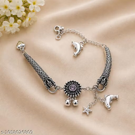 Women’s Oxidized Silver Plated Charm Bracelet with Heart, Star & Dolphin Charms