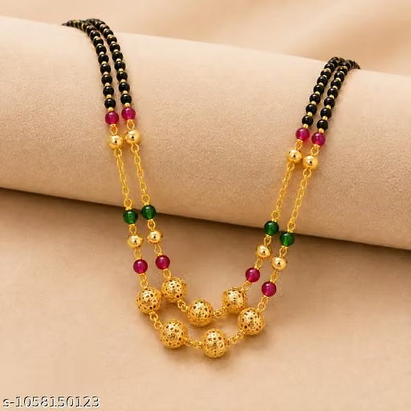 Women Gold Plated Double Layer Black Beaded Mangalsutra Necklace with Red Green Beads