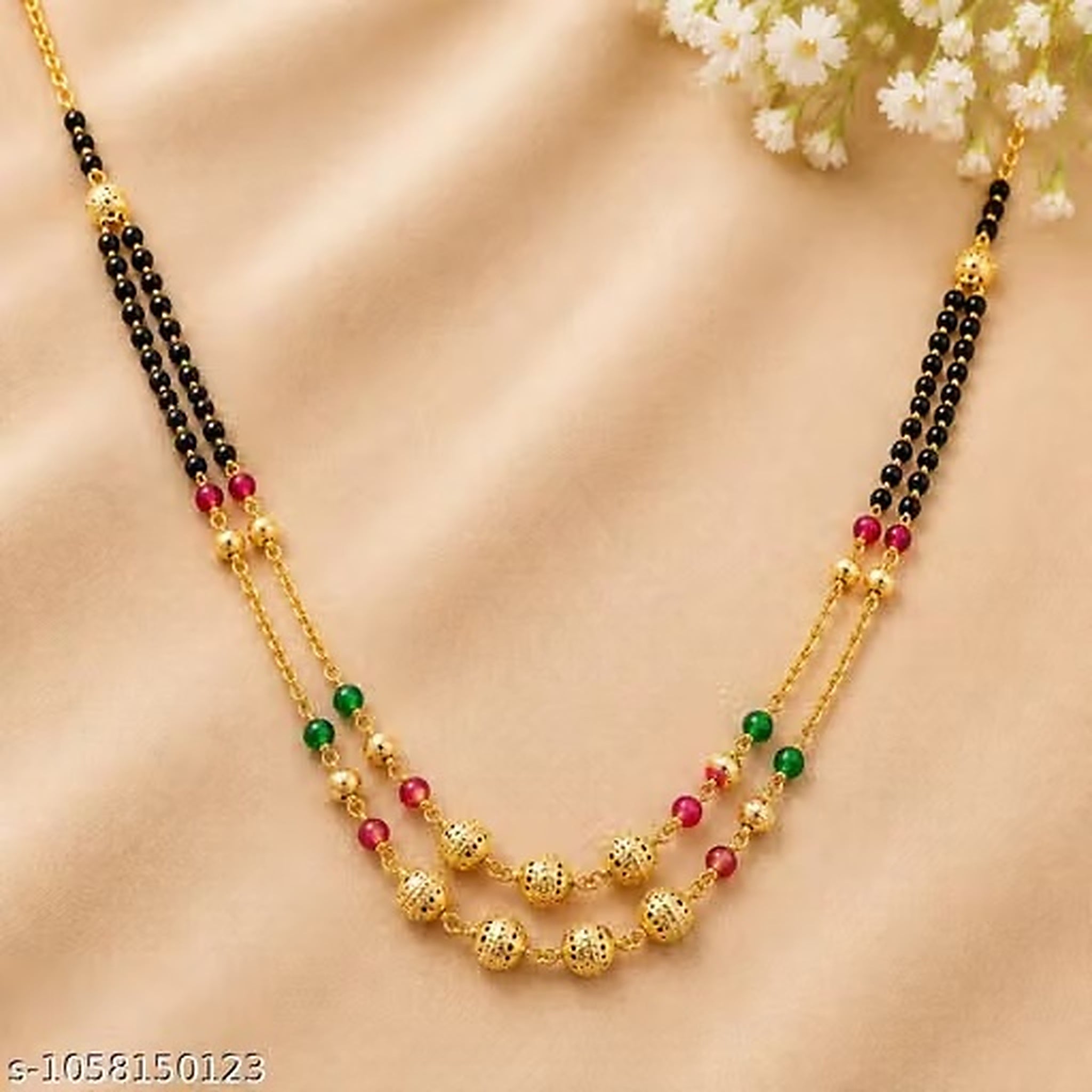 Women Gold Plated Double Layer Black Beaded Mangalsutra Necklace with Red Green Beads