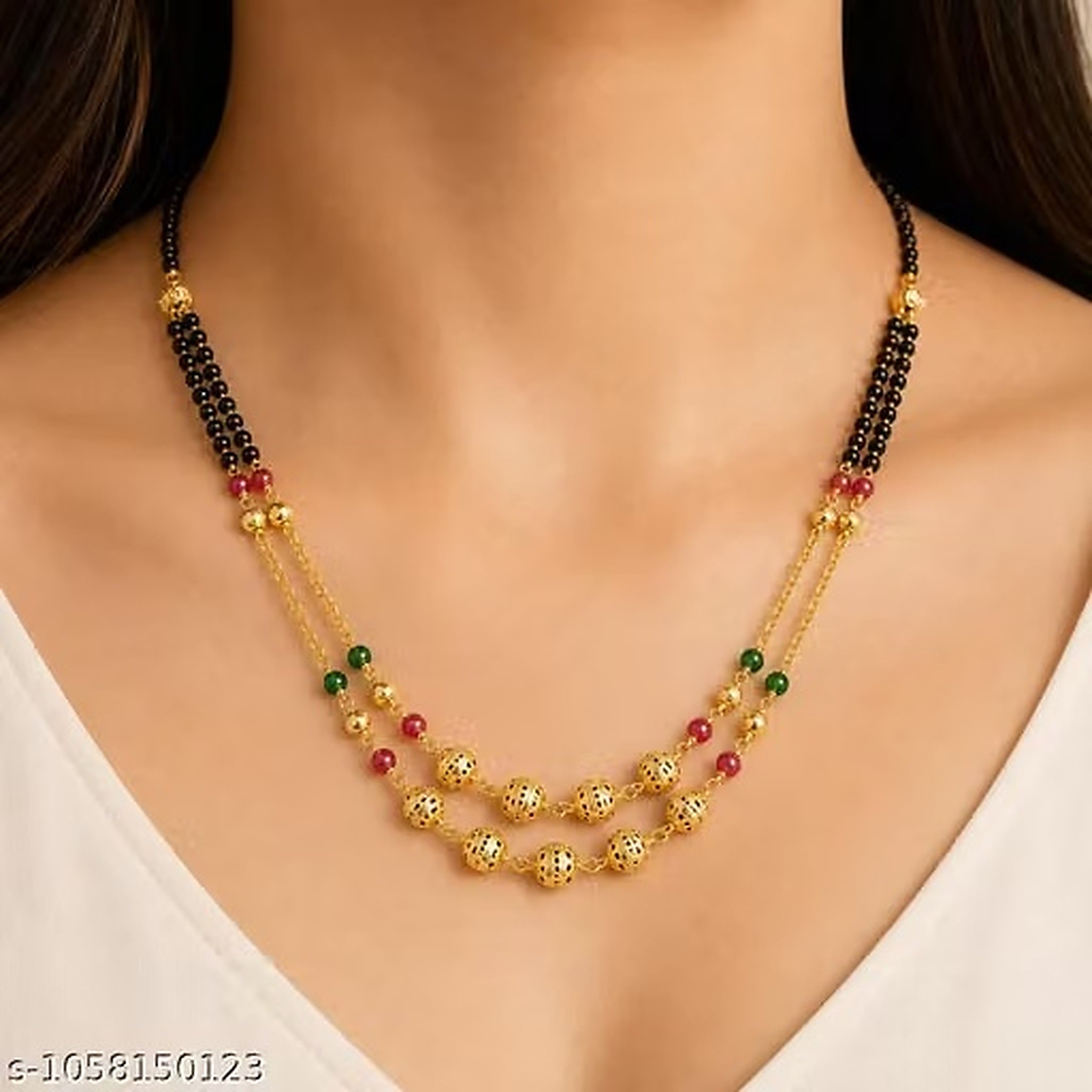 Women Gold Plated Double Layer Black Beaded Mangalsutra Necklace with Red Green Beads