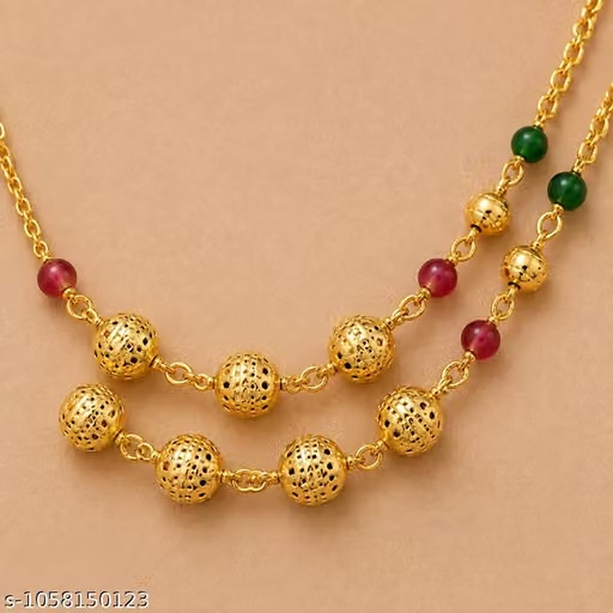 Women Gold Plated Double Layer Black Beaded Mangalsutra Necklace with Red Green Beads