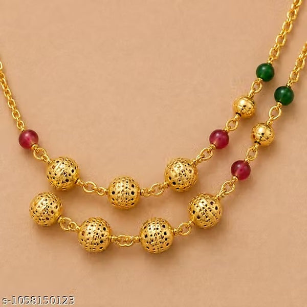 Women Gold Plated Double Layer Black Beaded Mangalsutra Necklace with Red Green Beads